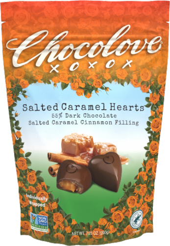Chocolove® 55% Dark Chocolate Salted Caramel Cinnamon Filling Candy Hearts Pouch Perspective: front