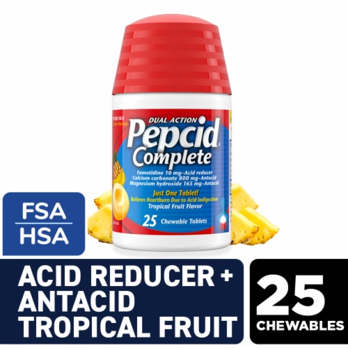 Pepcid Complete Acid Reducer + Antacid Tropical Fruit Chewable Tablets Perspective: front