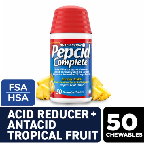 Pepcid Complete Acid Reducer + Antacid Tropical Fruit Chewable Tablets Perspective: front