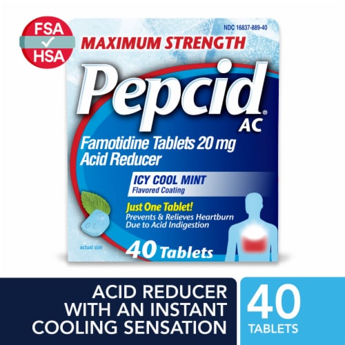 Pepcid AC Maximum Strength Heartburn Icy Cool Mint Tablets Perspective: front