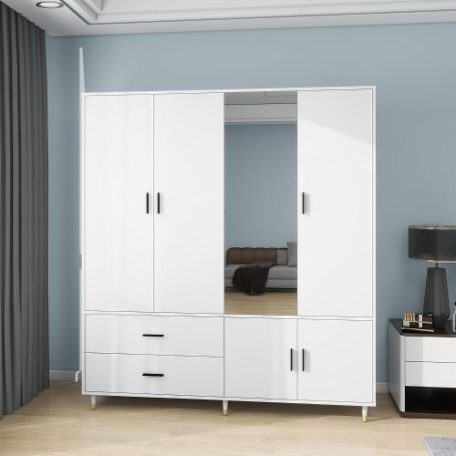 Wood Armoire Wardrobe Closet 4 Doors 2 Drawers Mirror Storage Cabinet Bedroom 1 unit Foods Co