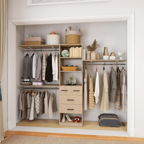 8Ft Walk In Closet Organizer White Oak Storage System 3 Shelf Towers 4 Drawers 1 unit Pick n Save