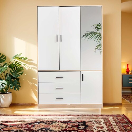 Armoire Wardrobe Closet With 3 Drawers & Hanging Rod