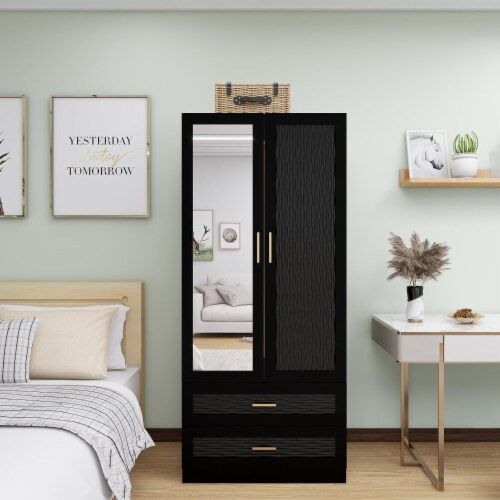 Classycabin Black Wooden Armoire Wardrobe Closet With Mirror 2 Doors 2 Drawers 1 unit Mariano s
