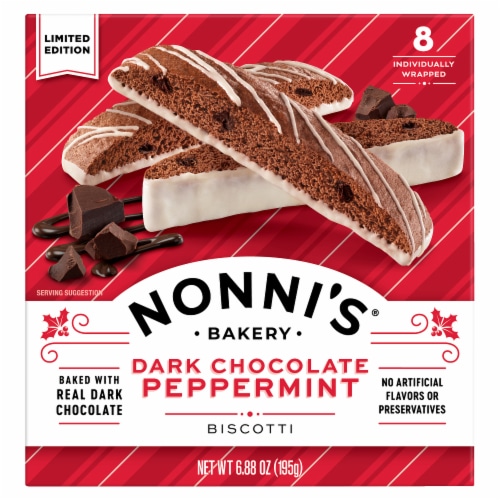 Nonni's Dark Chocolate Peppermint Biscotti Cookies Perspective: front