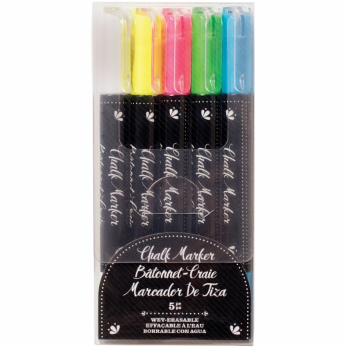American Crafts Erasable Chalk Markers 5/Pkg-White, Yellow, Pink, Green, Blue Perspective: front