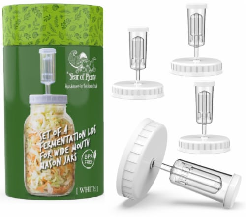 Year of Plenty White Fermentation Lids | for Wide Mouth Mason Jars | 4-Pack Perspective: front