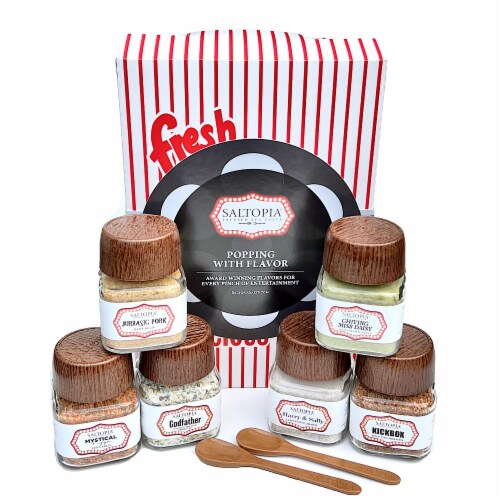 SALTOPIAs POPPING WITH FLAVOR, 6 Pack Variety of Flavors for Popcorn & Lots of Other Recipes Perspective: front