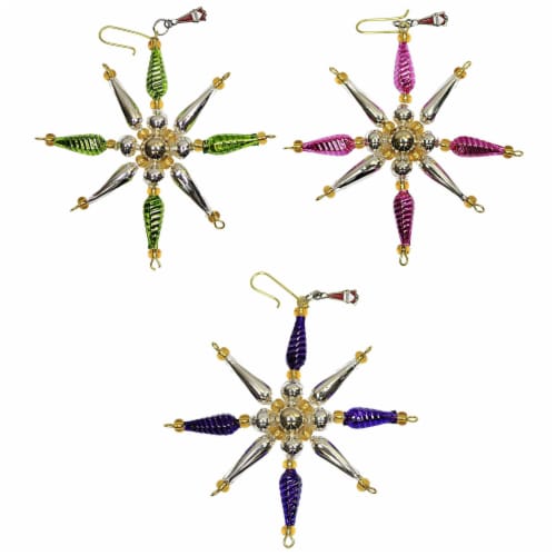 Santa Land Diamond Brite Burst Set / 3 Glass Beaded Ornament Star Retro 21R1060 Perspective: front