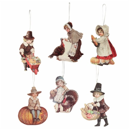 Holiday Ornament Thankgiving Child Ornaments S/6 Pilgrim Turkey Pumpkin Rl8150 Perspective: front