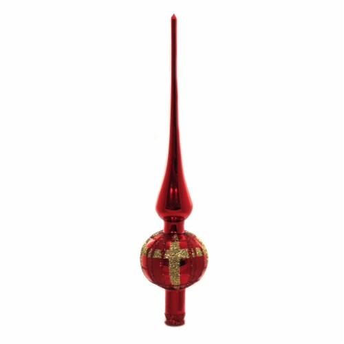Inge Glas Shiny Red Twisted Lines Finial Tree Topper Glitter Stripe 21205T021 Perspective: front