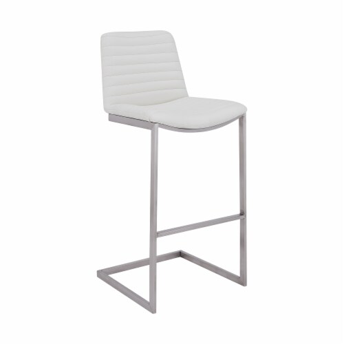 Lucas 26  Counter Height Barstool in Brushed Stainless Steel Finish and White Faux Leather Perspective: front