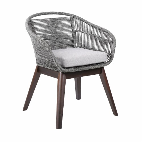 Indoor Outdoor Dining Chair in Dark Eucalyptus Wood with Latte Rope and Grey Cushions Perspective: front