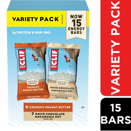 CLIF BAR Crunchy Peanut Butter and White Chocolate Macadamia Nut Energy Protein Bars Variety Pack Perspective: front