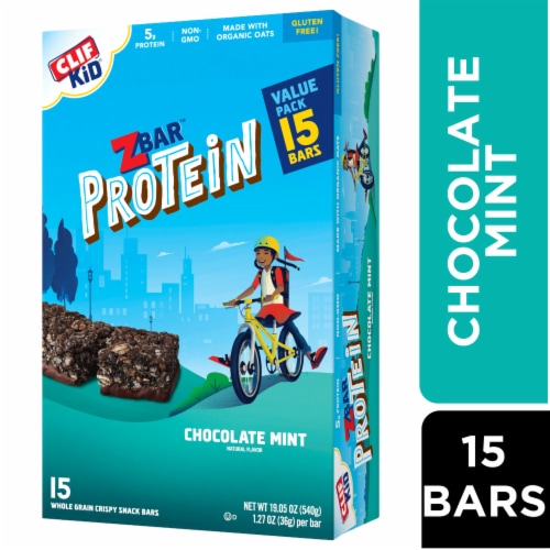 Clif Kid Zbar Protein Chocolate Mint Crispy Snack Bars Perspective: front