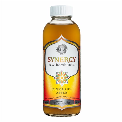 GT's Living Foods Synergy Organic Pink Lady Apple Raw Kombucha Perspective: front