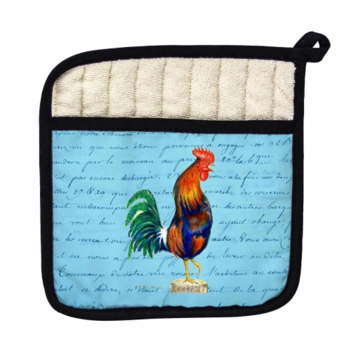 Betsy Drake Blue Rooster Blue Script - Pot Holder Perspective: front