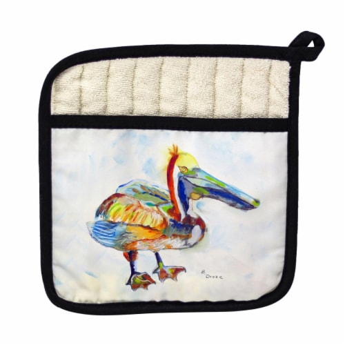 Betsy Drake PT983A Heathcliff Pelican on White Pot Holder Perspective: front