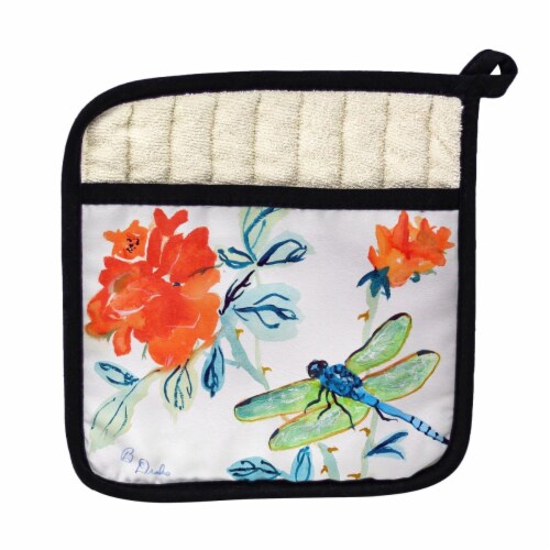 Betsy Drake PT1046 Dragonfly & Red Flower Pot Holder Perspective: front