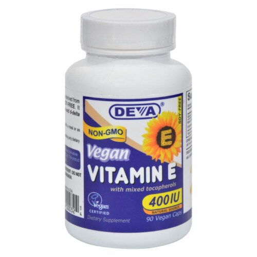 Deva Vegan Vitamins - Vitamin E with Mixed Tocopherols - 400 IU - 90 Vegan Capsules Perspective: front
