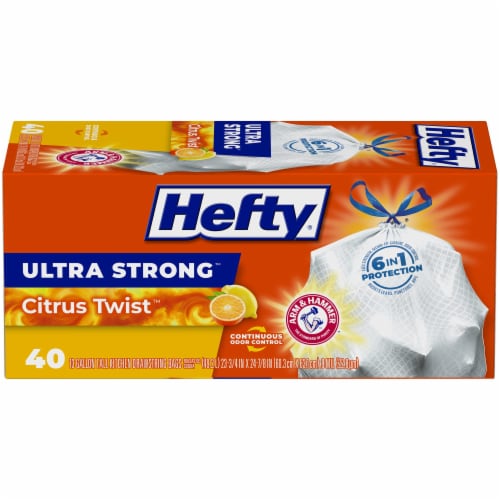 Hefty Ultra Strong Tall Kitchen Drawstring Trash Bags, Citrus Twist, (Pack of 20) Perspective: front