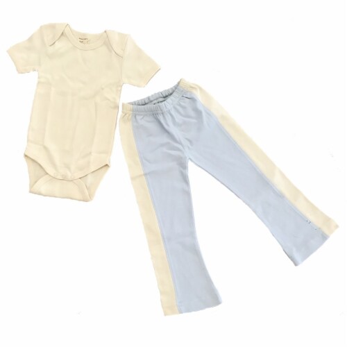 Organic Cotton Yoga Sets 12m to 8 year Blue Yoga Pant, Natural Short Sleeve Onesie 6-12m Perspective: front