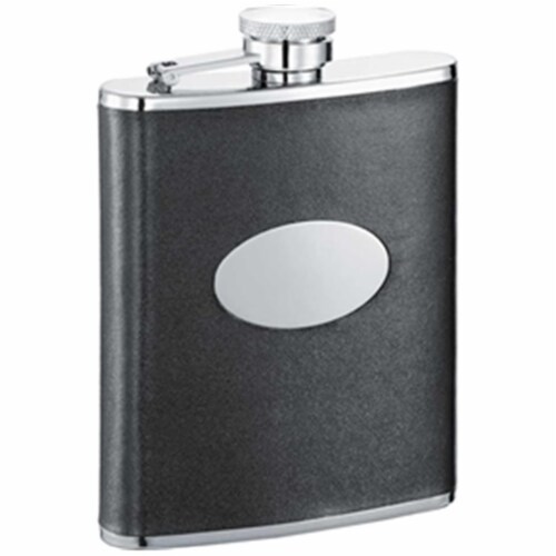 Lance Black Leather Stainless Steel 6oz Hip Flask Perspective: front