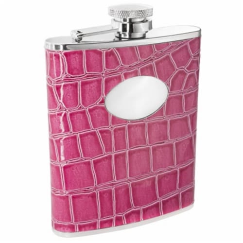 Blush Pink Crocodile Leather 6oz Stainless Steel Flask - 6 oz Perspective: front