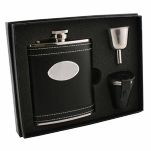 Marlon Black Leather 6 oz Deluxe Flask Gift Set with 3 Shot Cups Perspective: front