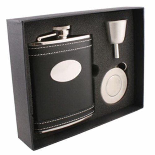 Marlon Black Leather 6 oz Stellar Flask Gift Set Perspective: front