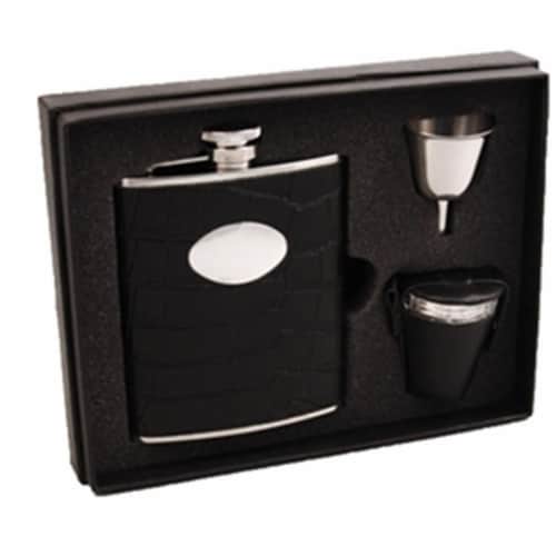 Noir Black Crocodile Leather 6 oz Deluxe Flask Gift Set Perspective: front