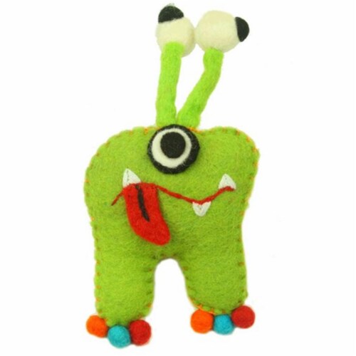 Hand Felted Tooth Monster with Bug Eyes, Green Perspective: front