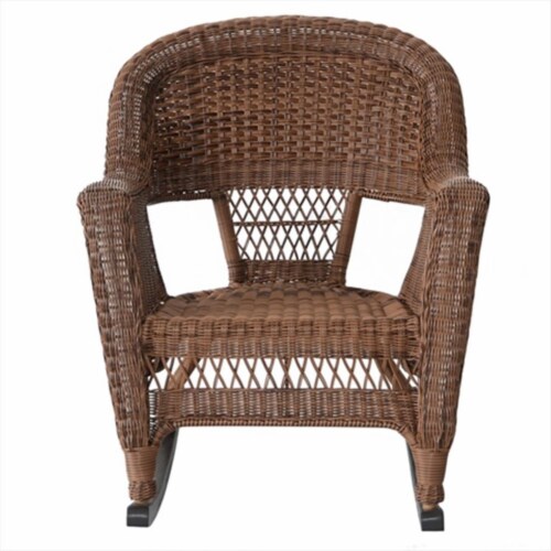 W00205R-C-2-RCES011 3 Piece Honey Rocker Wicker Chair Set With Blue Cushion Perspective: front