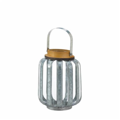 Small Galvanized Metal Lantern, Iron & Glass - MDF Wood Perspective: front