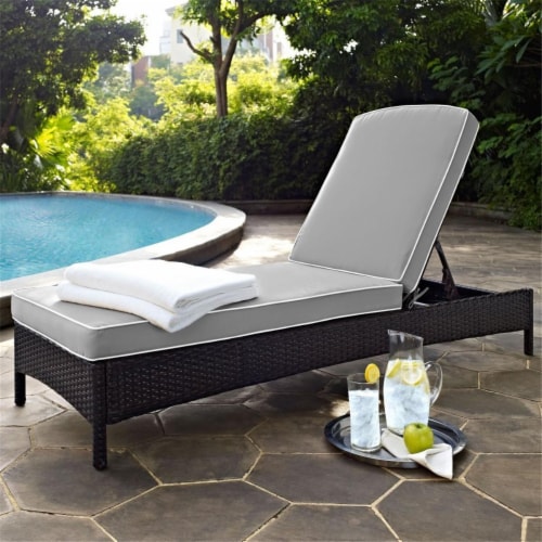 Palm Harbor Outdoor Wicker Chaise Lounge with Grey Cushions - Brown Perspective: front