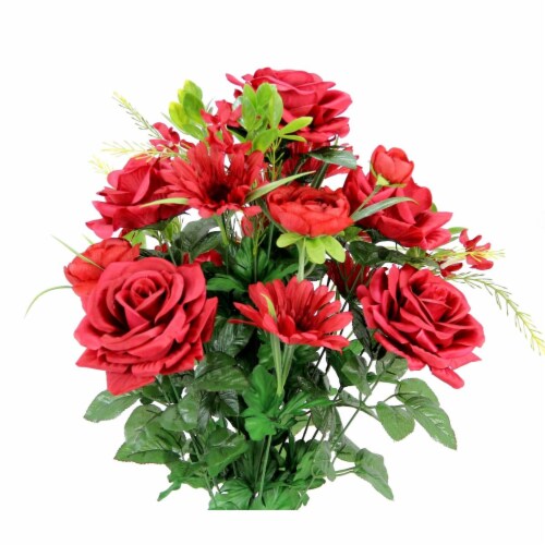 Admired by Nature GPB6428-RED Faux Rose G.Daisy Ranunculus Mixed Flower Bush, Red Perspective: front