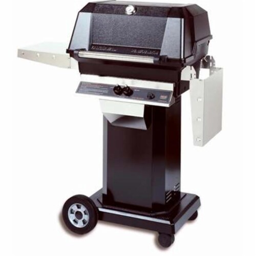 Modern Home Products WHRG4DDPS-OCOLB-OMP MHP Hybrid Propane Gas Grill on Black Console Cart w Perspective: front
