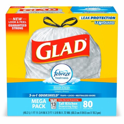 Glad CLO78899CT 13 gal OdorShield Tall Kitchen Drawstring Trash Bags, White - Case of 240 - B Perspective: front