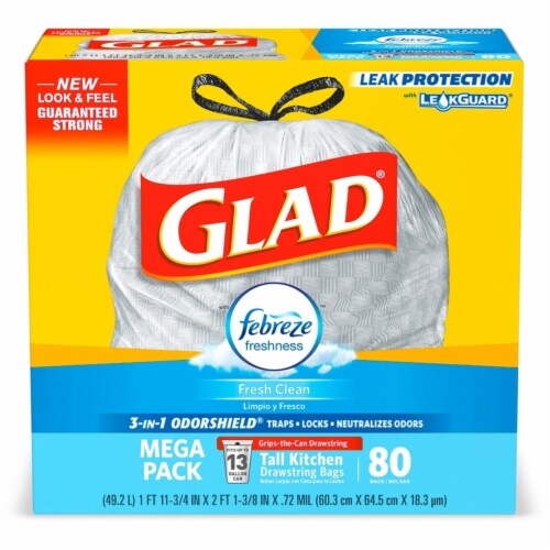 Glad OdorShield Tall Kitchen Drawstring Trash Bags, Febreze Fresh Clean