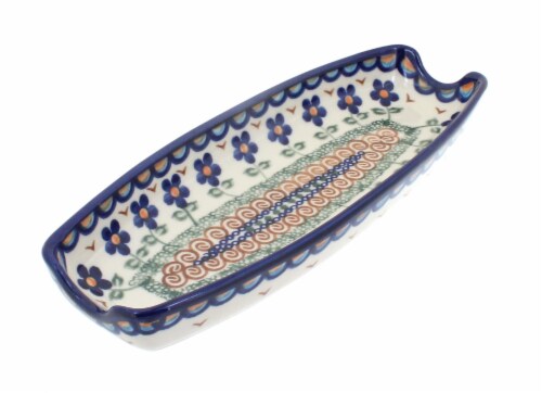 Blue Rose Polish Pottery Aztec Flower Corn on the Cob Dish Perspective: front