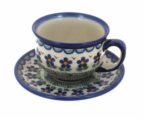 Blue Rose Polish Pottery Aztec Flower Cup & Saucer Perspective: front