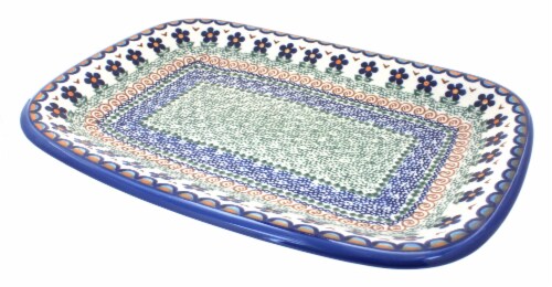 Blue Rose Polish Pottery Aztec Flower Large Rectangular Serving Platter Perspective: front