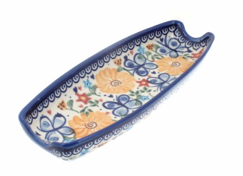 Blue Rose Polish Pottery Butterfly Corn on the Cob Dish Perspective: front