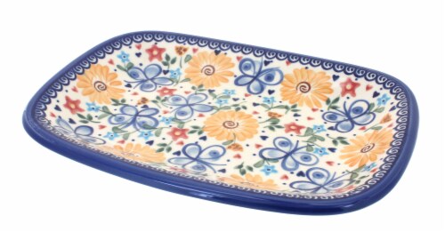 Blue Rose Polish Pottery Butterfly Small Rectangular Serving Platter Perspective: front