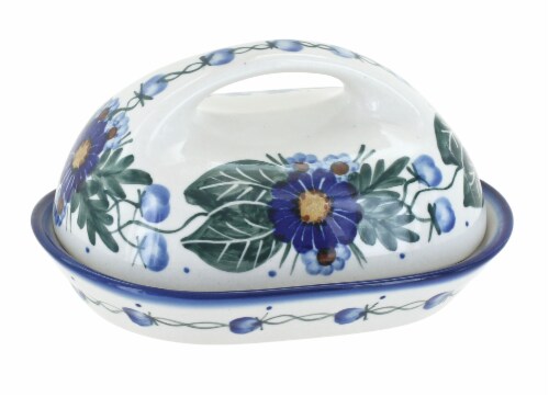 Blue Rose Polish Pottery Forget Me Not Butter Dish Perspective: front
