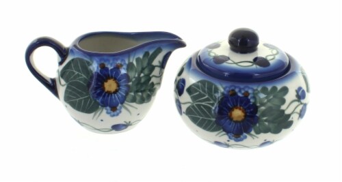 Blue Rose Polish Pottery Forget Me Not Sugar Bowl & Creamer Set Perspective: front