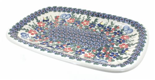 Blue Rose Polish Pottery Garden Butterfly Large Rectangular Serving Platter Perspective: front
