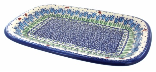 Blue Rose Polish Pottery Garden Tulip Medium Rectangular Serving Platter Perspective: front