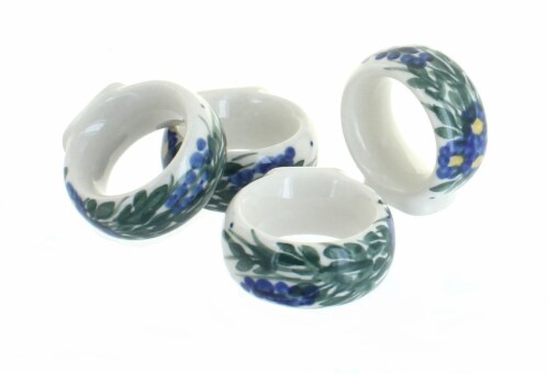 Blue Rose Polish Pottery Hyacinth Napkin Ring Set Perspective: front
