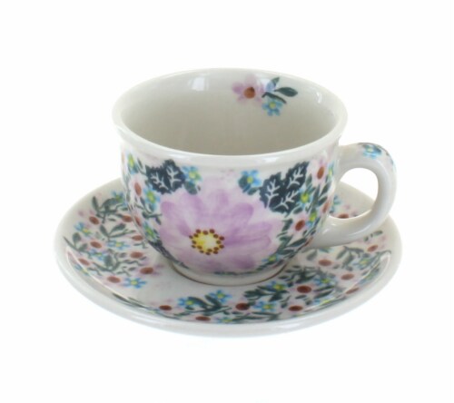 Blue Rose Polish Pottery Lilac Garden Cup & Saucer Perspective: front